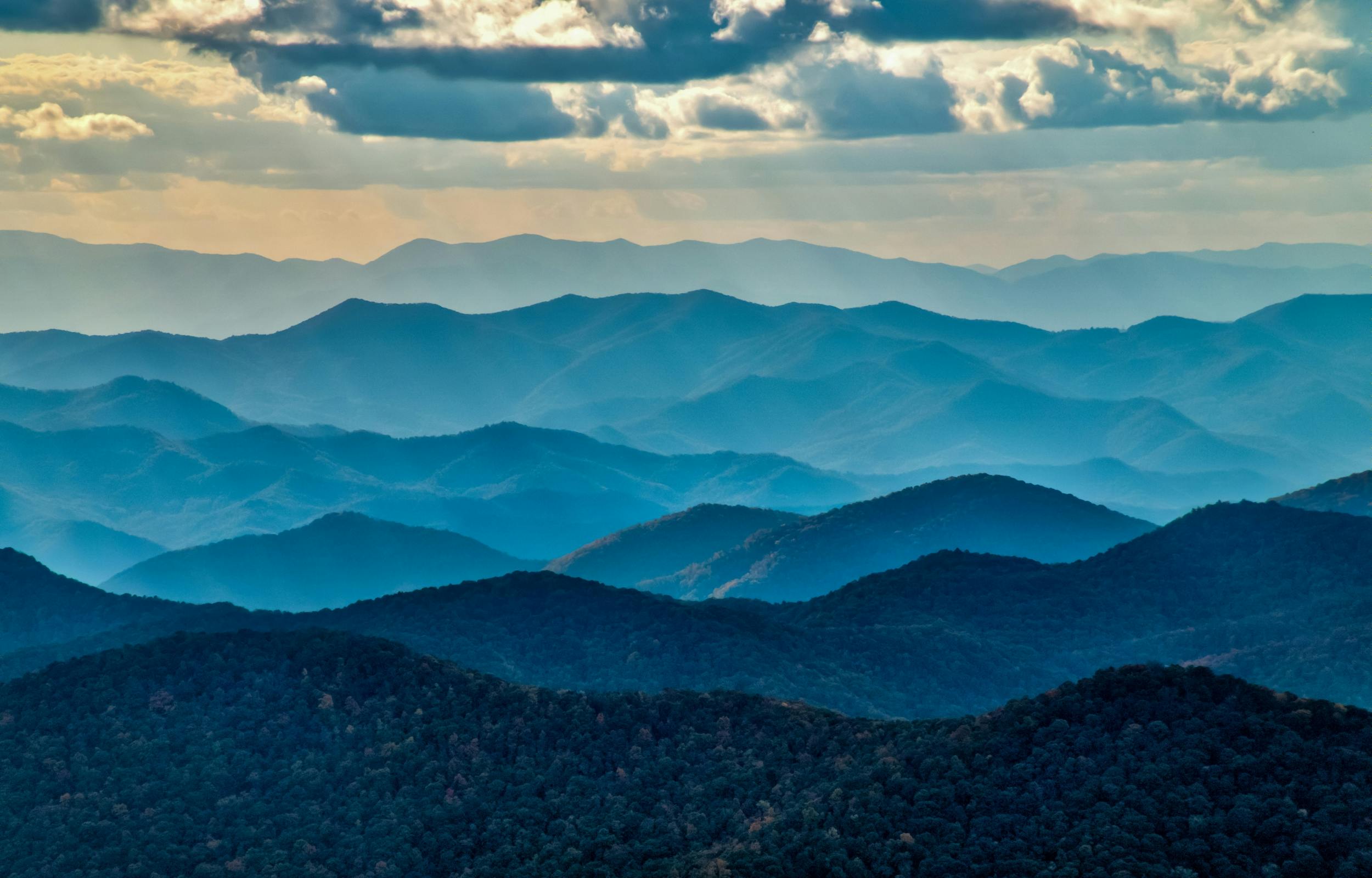 Aerial view of blue ridge mountains at dusk with blue haze